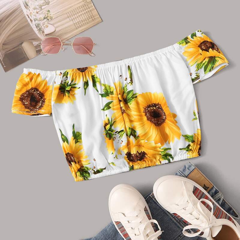 

Sunflower Print Crop Top, White