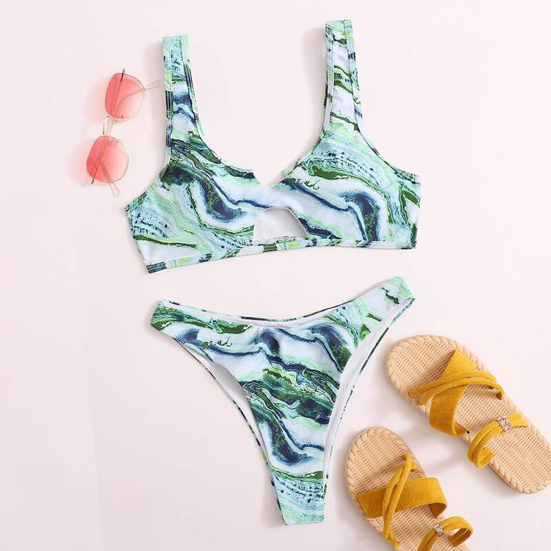 

Marble Pattern High Cut Bikini Swimsuit, Multicolor