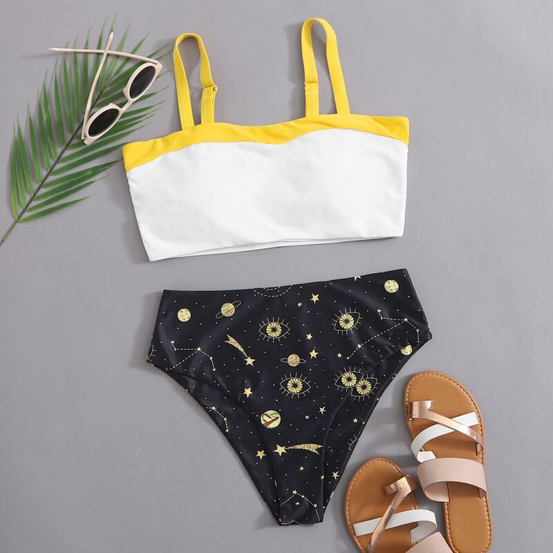 

Galaxy Print High Waisted Bikini Swimsuit, Multicolor