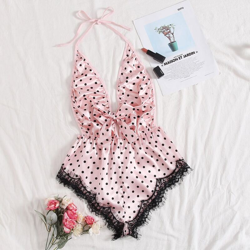

Heart Print Eyelash Lace Satin Teddy Bodysuit, Baby pink