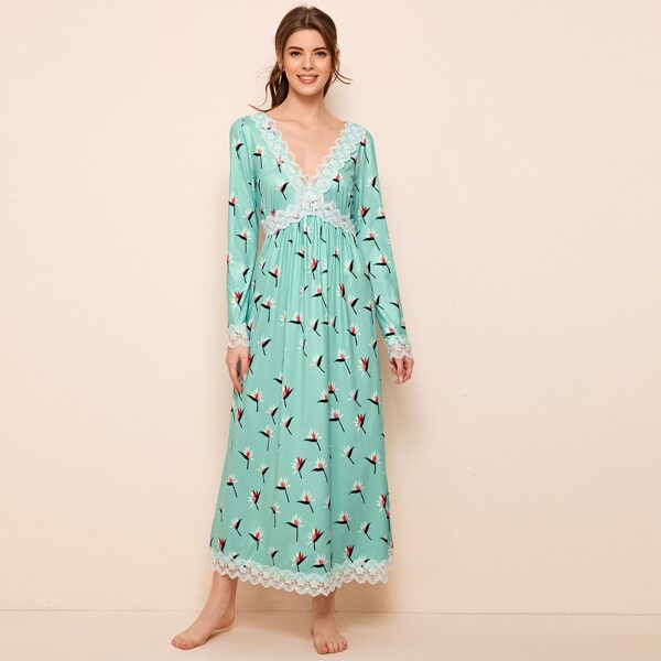 

Plants Print Embroidered Mesh Trim Nightdress, Green