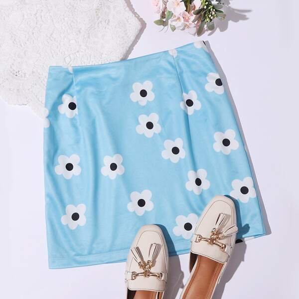 

Floral Print Skirt, Blue