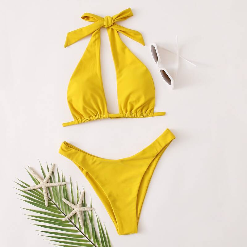 

Halter High Cut Bikini Swimsuit, Yellow