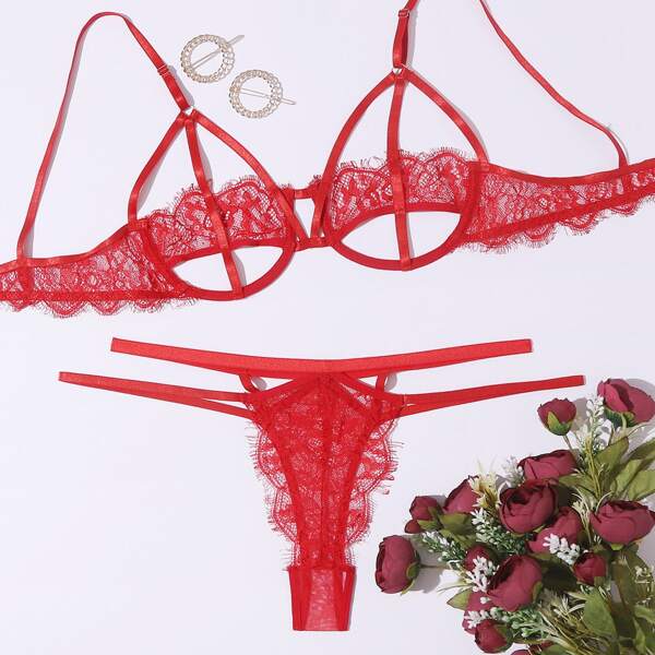 

Floral Lace Underwire Lingerie Set, Red