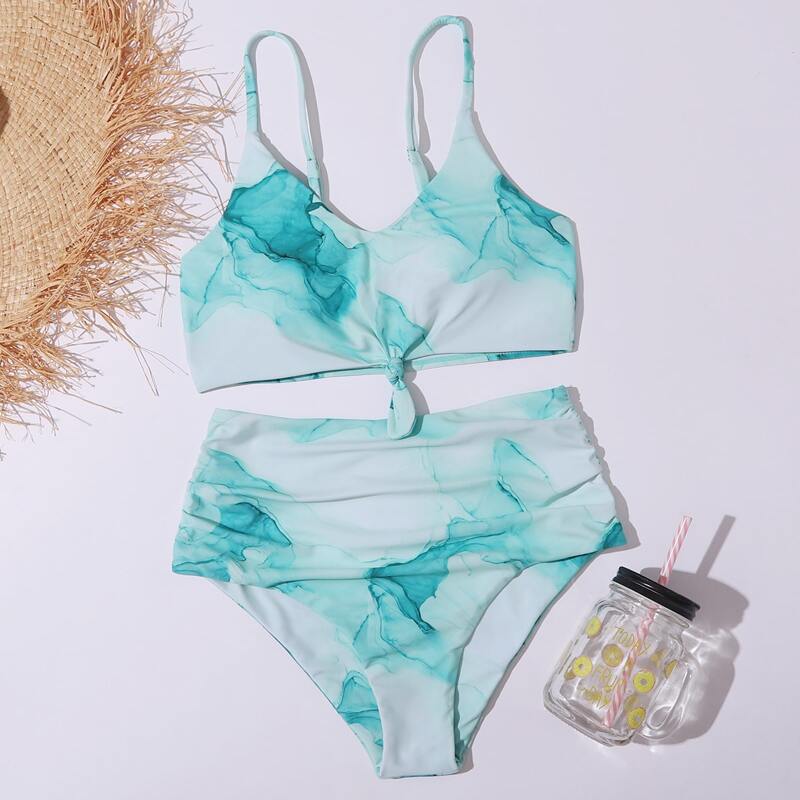 

Water Color Knot Hem Ruched Bikini Swimsuit, Multicolor
