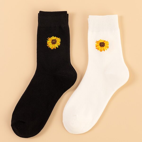 

2pairs Sunflower Pattern Socks, Black and white