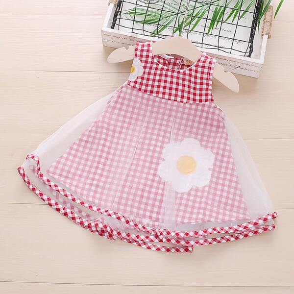 

Toddler Girls Mesh Overlay Gingham Dress, Red