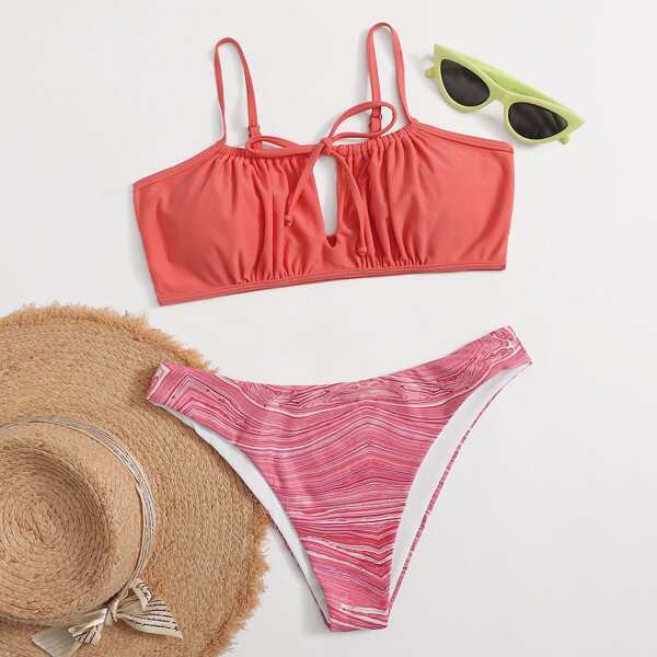 

Marble Pattern Knot Front Bikini Swimsuit, Multicolor