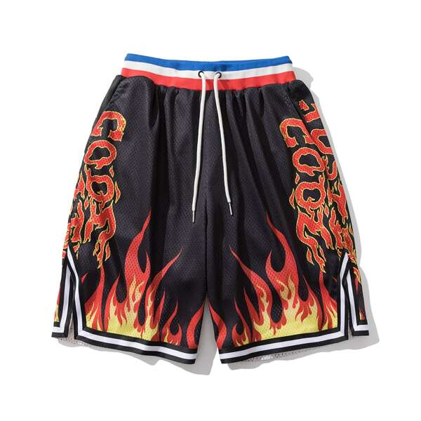 

Men Fire Print Stripe Tape Drawstring Shorts, Multicolor