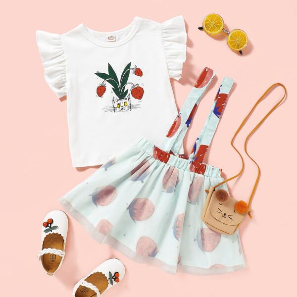 

Toddler Girls Cartoon Graphic Tee With Suspender Skirt, Multicolor