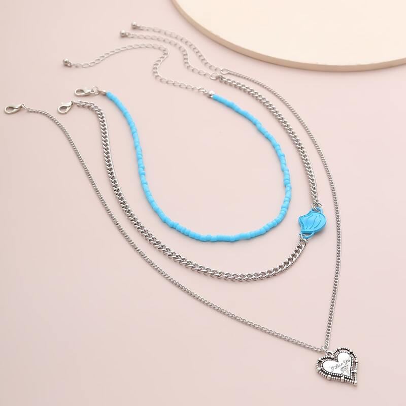 

3pcs Heart Charm Necklace, Multicolor