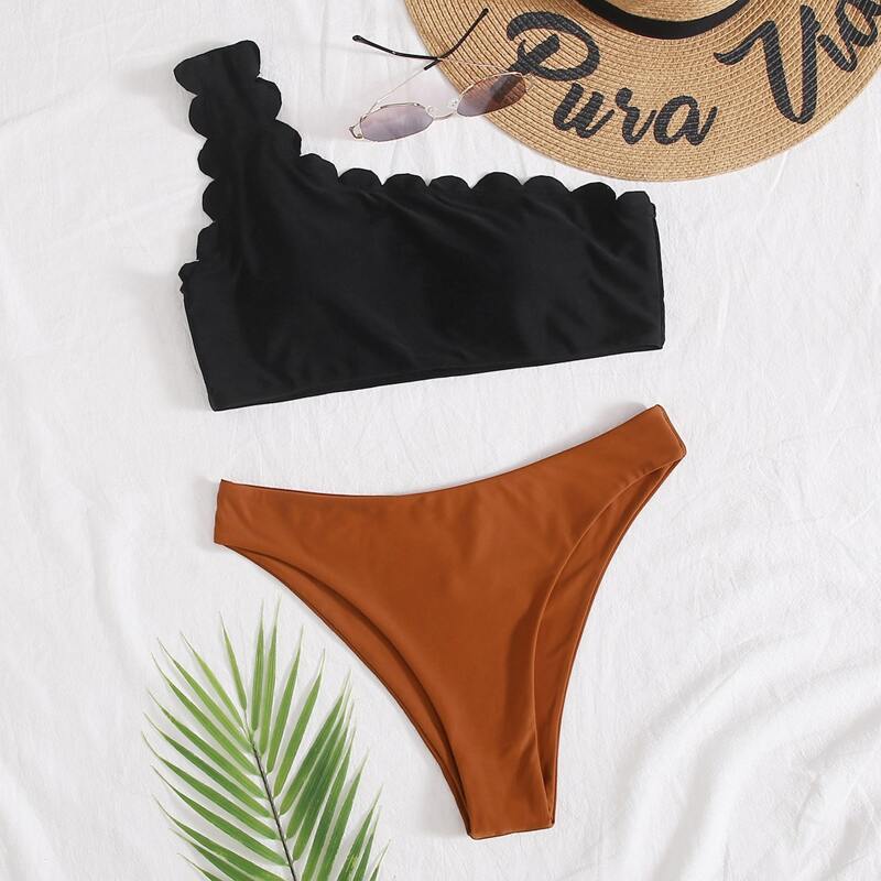 

Two Tone Scallop One Shoulder Bikini Swimsuit, Multicolor
