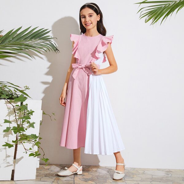 

Girls Ruffle Armhole Contrast Pleated Panel Self Belted Dress, Baby pink