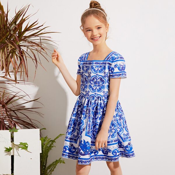 

Girls Baroque Print Square Neck Dress, Blue