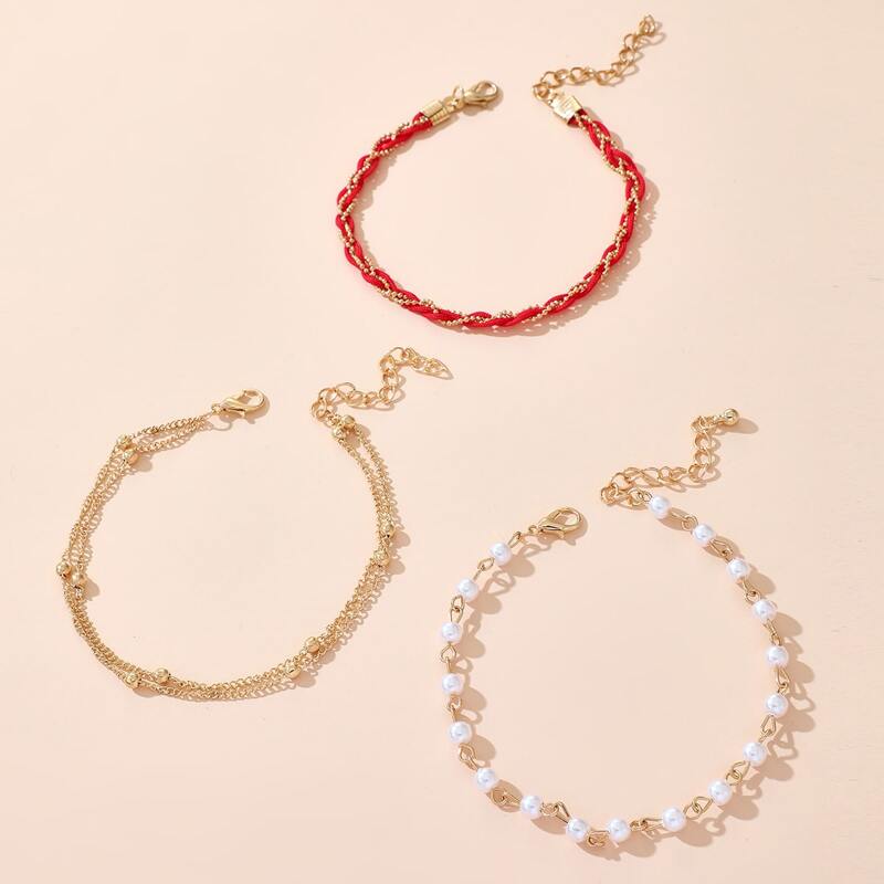 

3pcs Faux Pearl Anklet, Gold