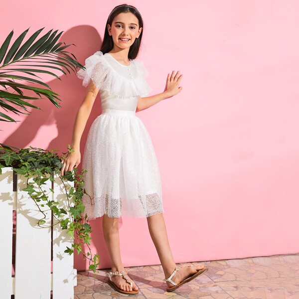 

Girls Exaggerate Ruffle Trim Glitter Top and Mesh Overlay Skirt Set, White