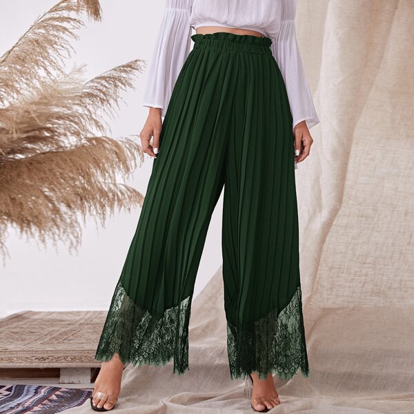 

Paperbag Waist Lace Hem Pleated Pants, Green