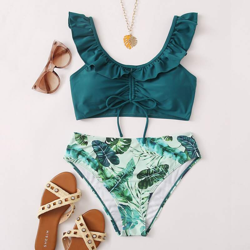 

Tropical Drawstring Ruffle Bikini Swimsuit, Green