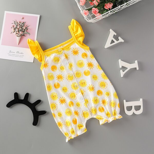 

Baby Girl Cartoon Sun Contrast Binding Ruffle Romper, Multicolor