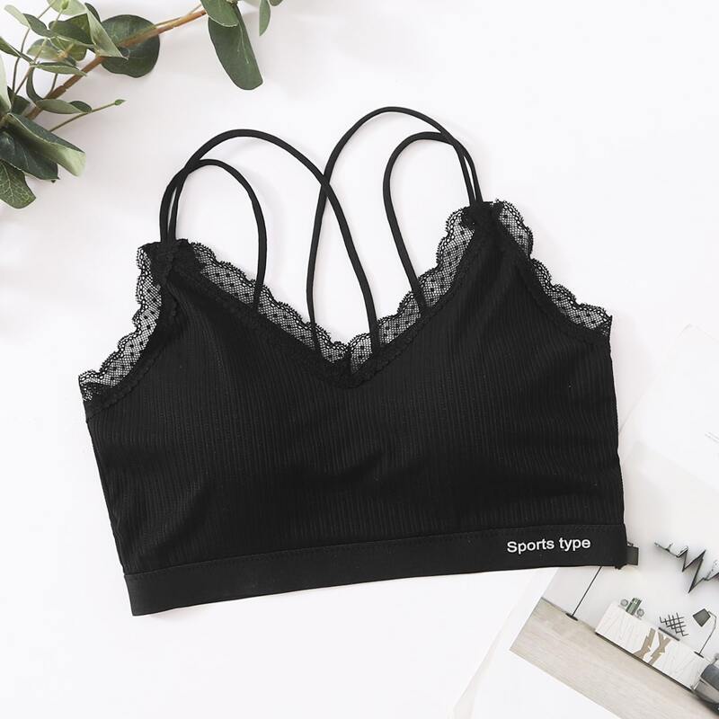 

Scalloped Trim Lace Bra, Black