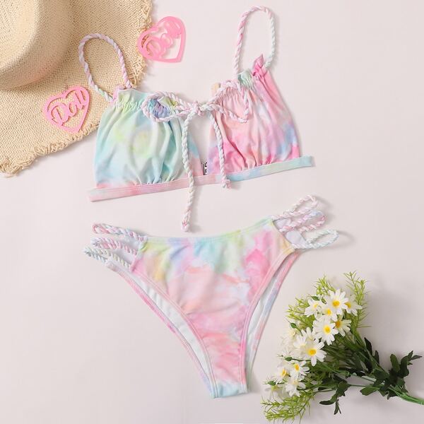 

Tie Dye Braided Strap Bikini Swimsuit, Multicolor