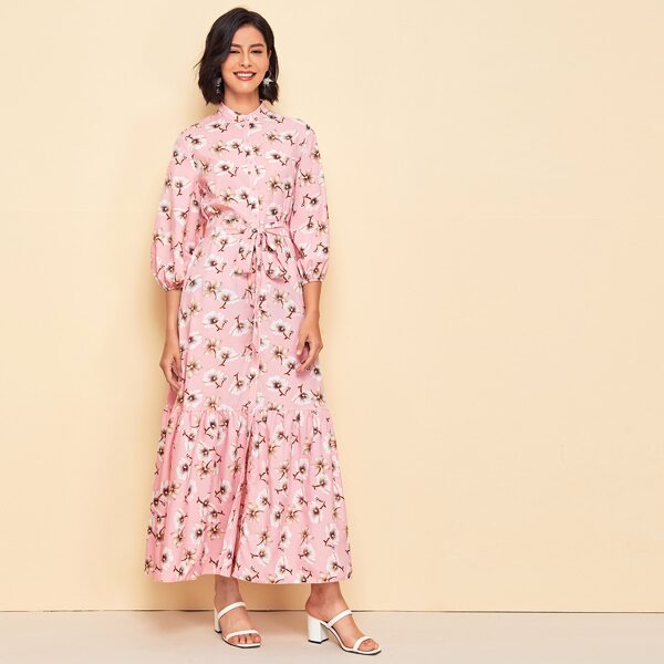 

Floral Print Flounce Hem Self Belted Shirt Dress, Pink