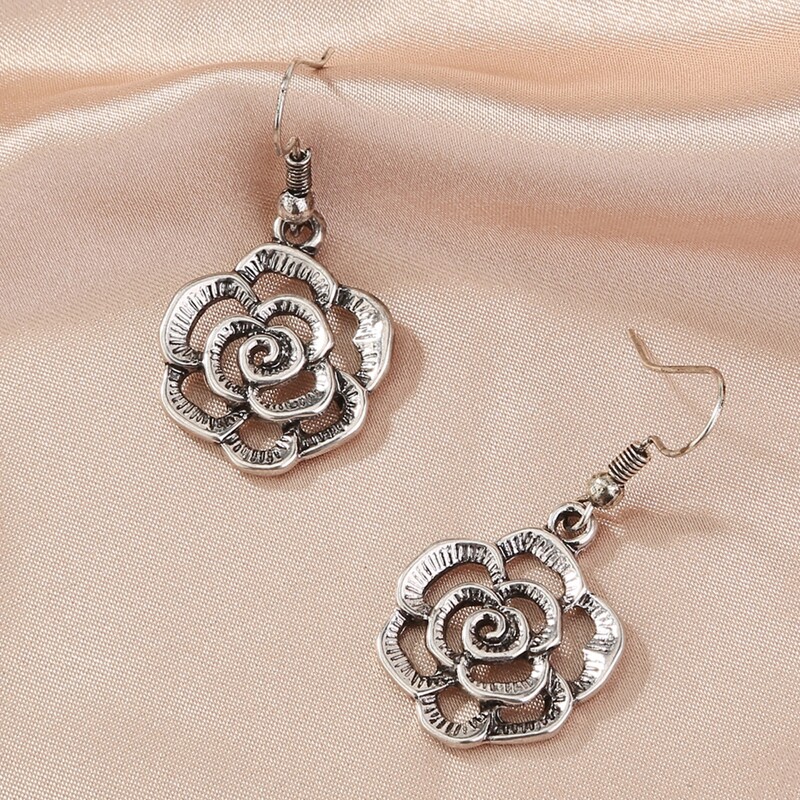 

Flower Design Drop Earrings, Silver