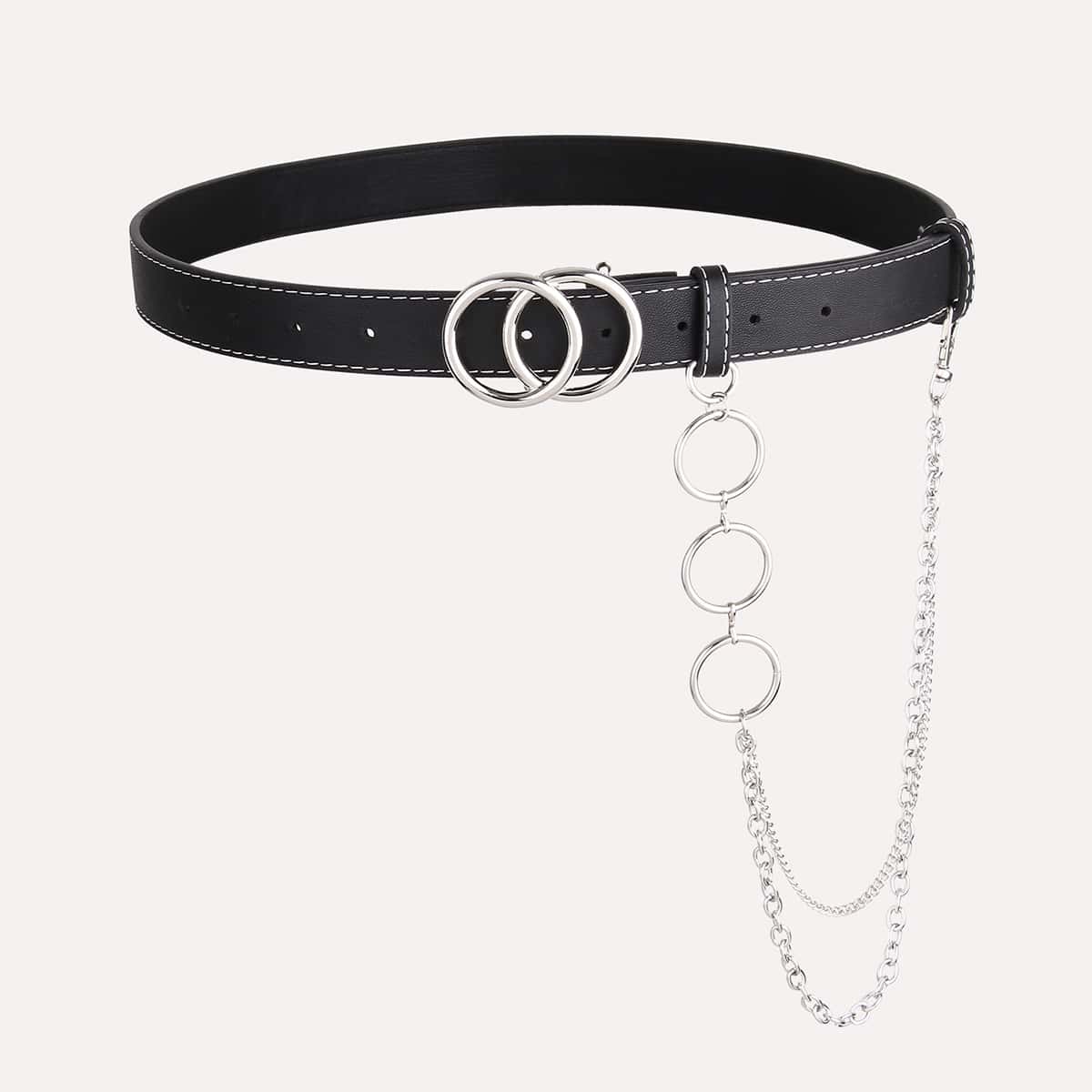 

Double Circle Buckle Belt With Chain, Black