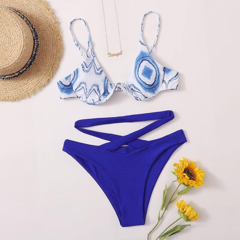 

Marble Pattern Underwire Bikini Swimsuit, Blue