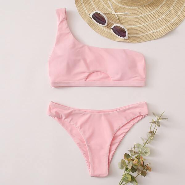 

Cut Out One Shoulder Bikini Swimsuit, Pink