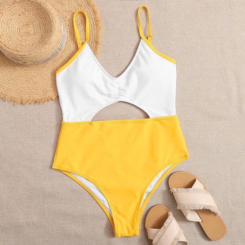 

Two Tone Cut-out One Piece Swimsuit, Multicolor