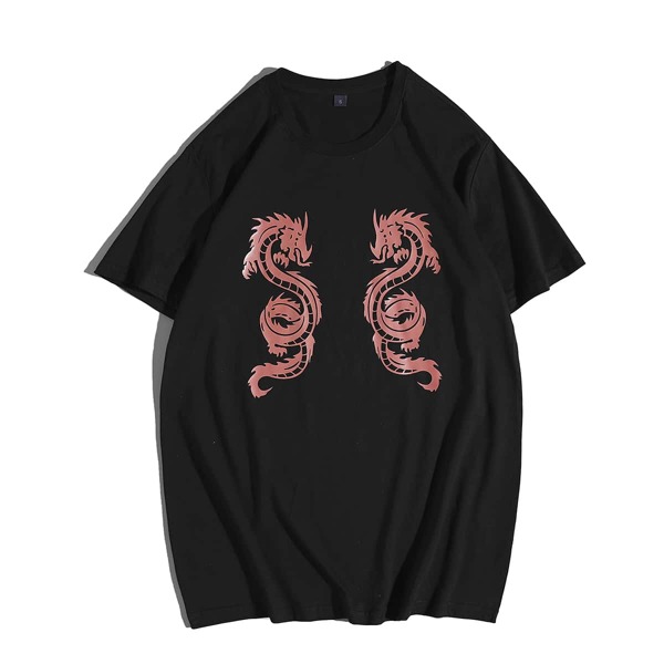 

Men Dragon Print Round Neck Tee, Black