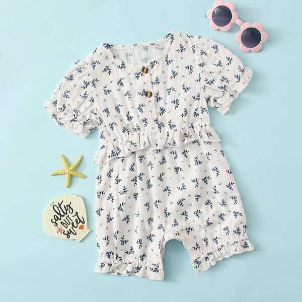 

Baby Girl Plants Print Half Button Ruffle Romper, White