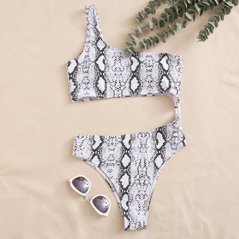 

Snakeskin Cut-out One Shoulder One Piece Swimsuit, Black and white