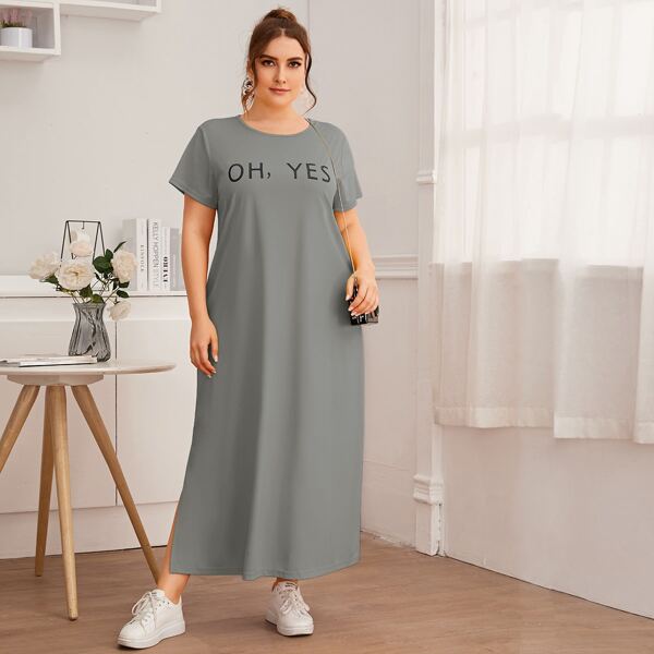 

Plus Slogan Graphic Split Hem Tee Dress, Grey