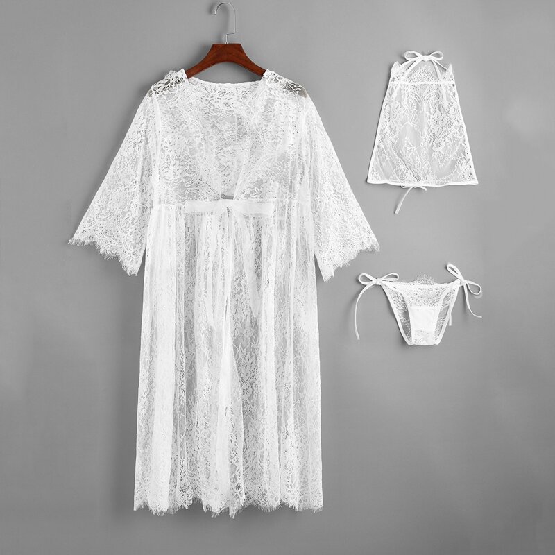 

3pack Eyelash Lace Lingerie Set With Robe, White