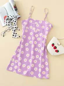 Vestido de tirantes con estampado floral - Morado - Ver 1