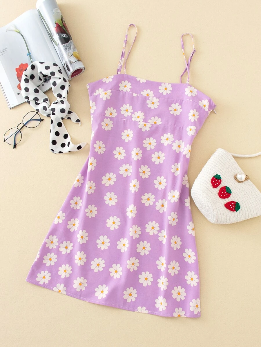Vestido de tirantes con estampado floral - Morado - Ver 1