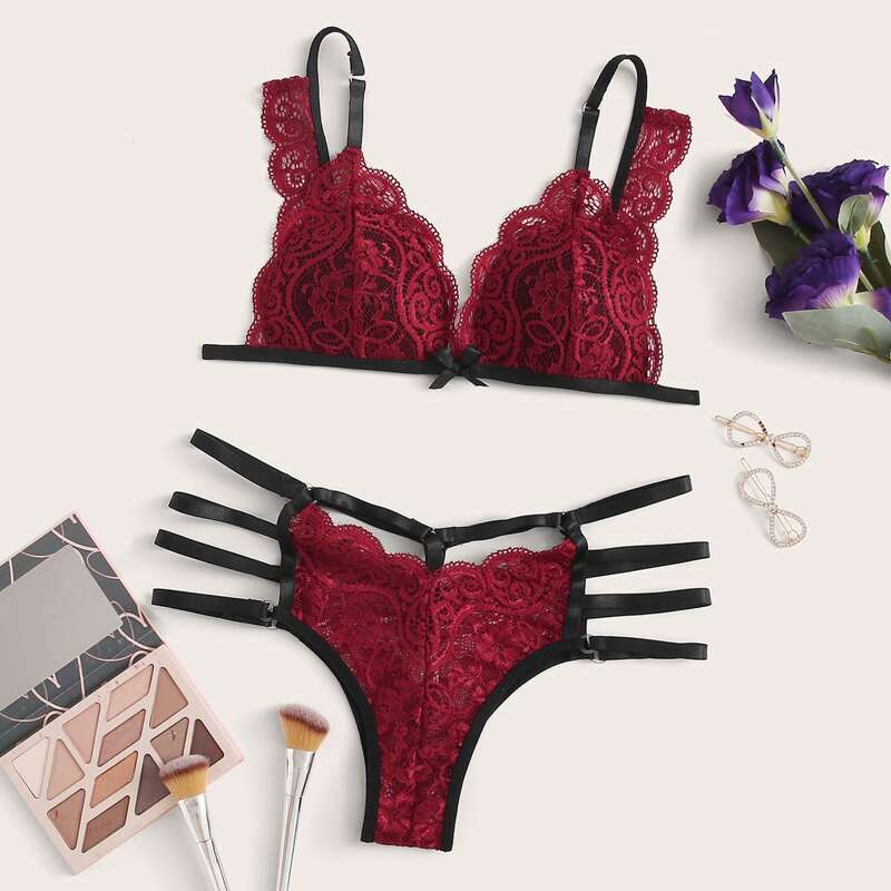 

Floral Lace Ladder Cut-out Lingerie Set, Rose red
