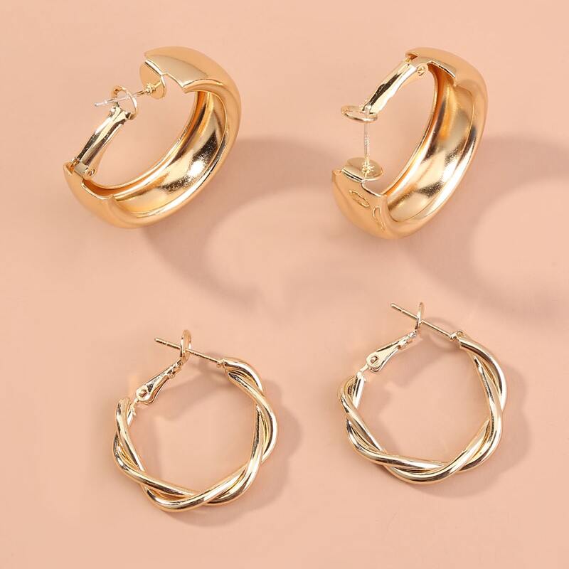 

2pairs Twist Hoop Earrings Set, Gold