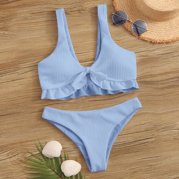 

Plus Textured Knot Front Bikini Swimsuit, Baby blue