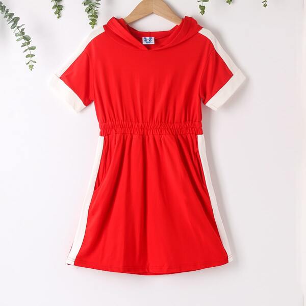 

Toddler Girls Contrast Side Panel Hooded Dress, Red