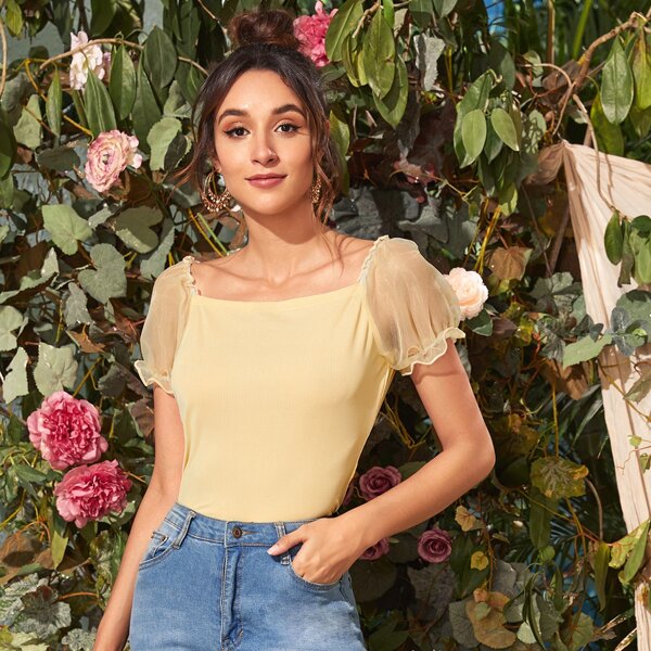 

Square Neck Contrast Sleeve Tee, Yellow