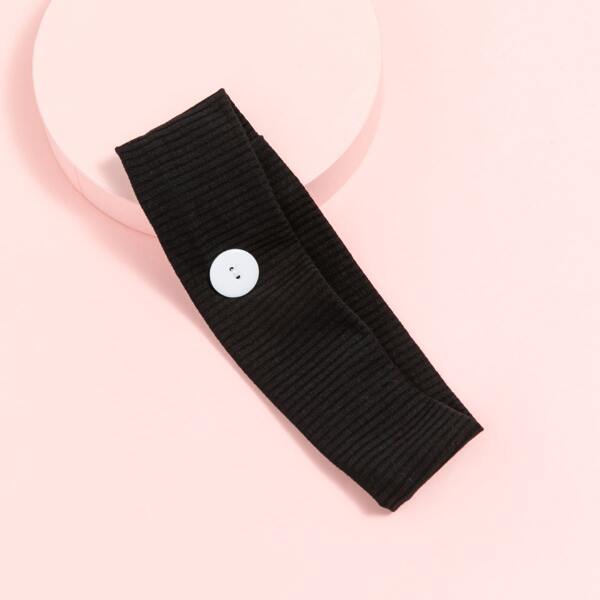 

Solid Striped Button Detail Headband, Black