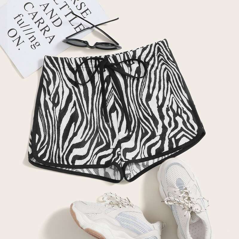 

Knot Waist Contrast Binding Zebra Striped Dolphin Shorts, Black and white