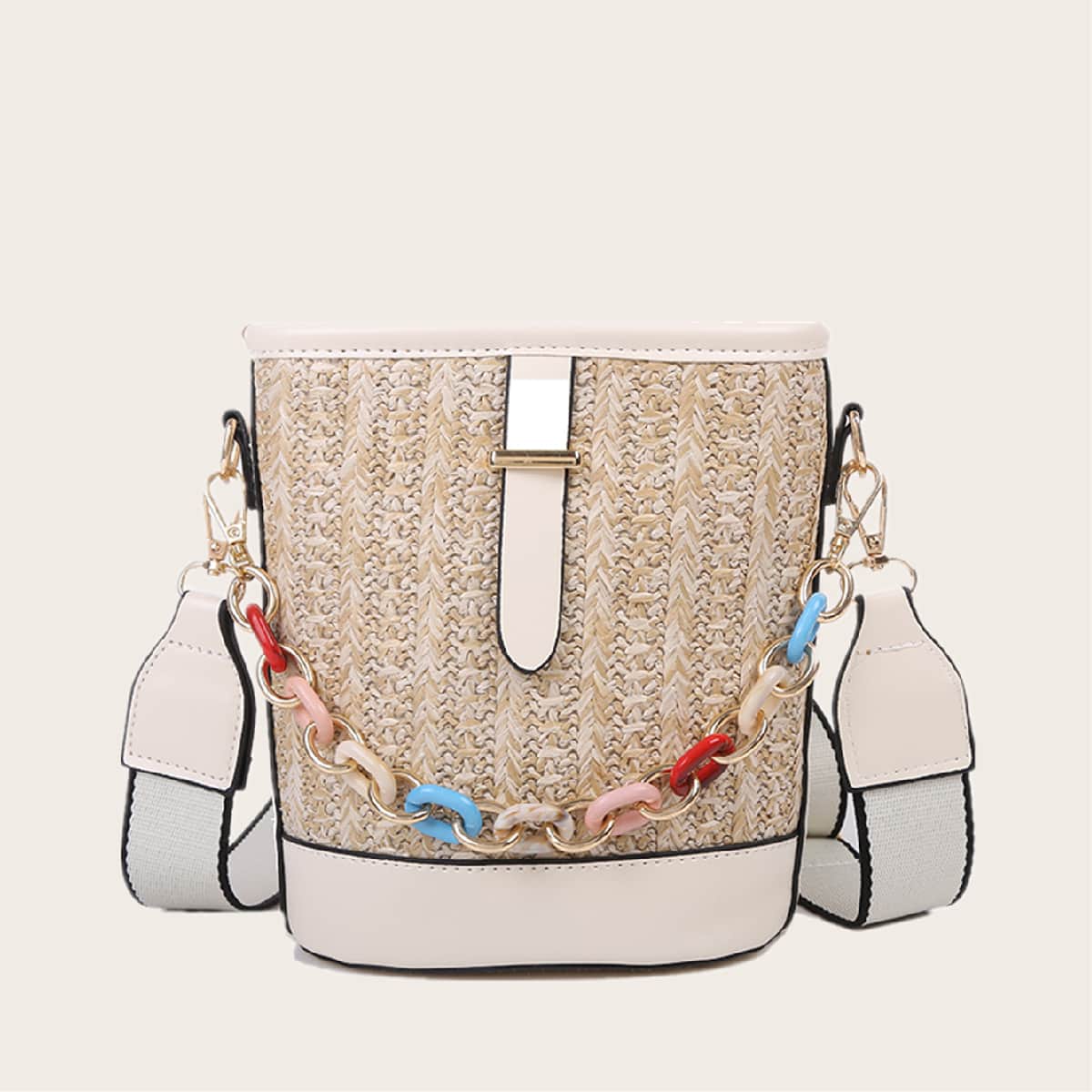 

Contrast PU Woven Satchel Bag With Chain Handle, Beige