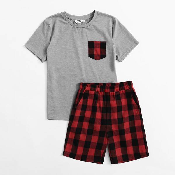 

Boys Patch Pocket Top & Buffalo Plaid Shorts PJ Set, Multicolor