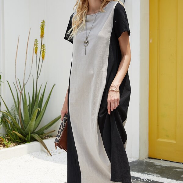 

Two Tone Round Neck Long Dress, Grey