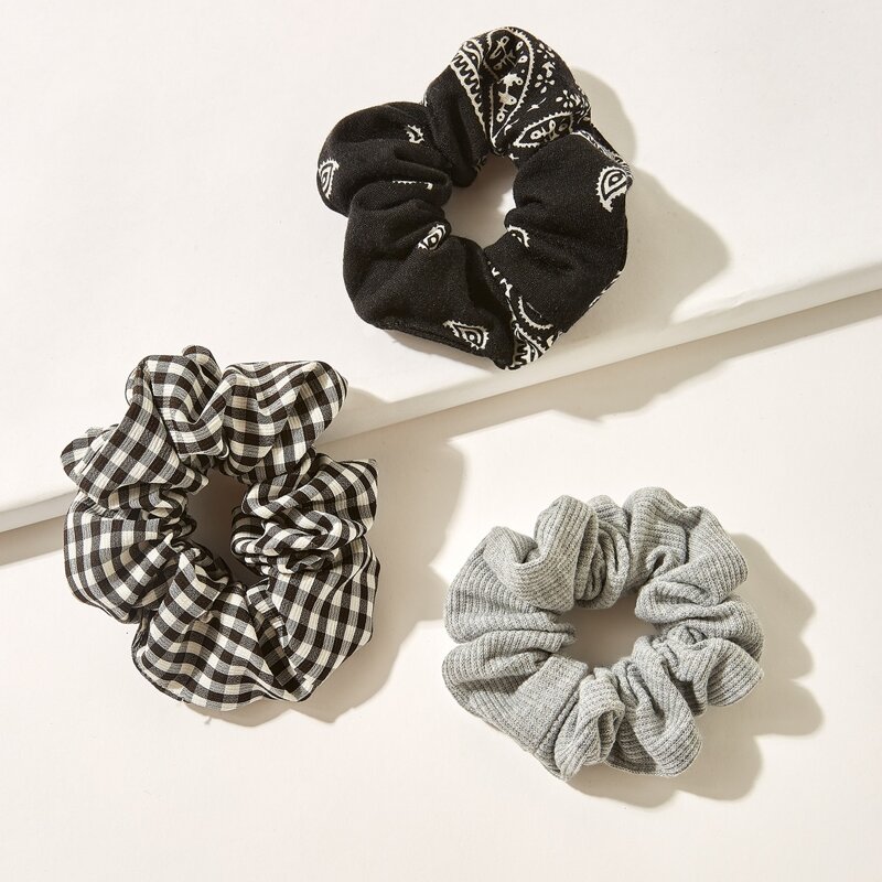 

3pcs Plaid & Striped Scrunchie, Multicolor