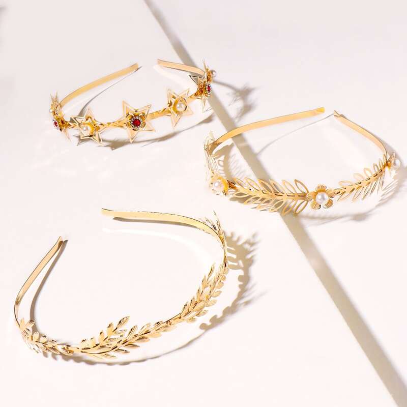 

3pcs Metal Leaf & Star Detail Hair Hoop, Gold